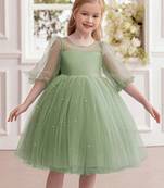 Green pearl embellished net fit & flare party dress for girls