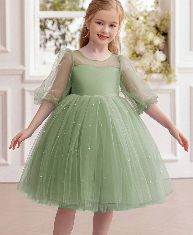 Green pearl embellished net fit & flare party dress for girls