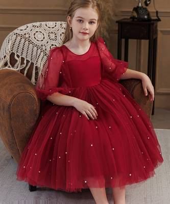 Red pearl embellished net fit & flare party dress for girls 3
