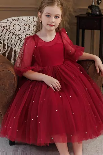 Red pearl embellished net fit & flare party dress for girls