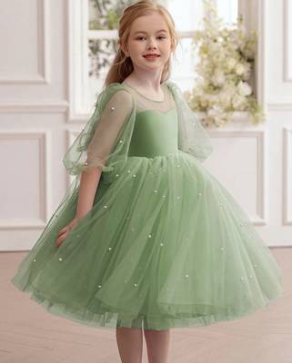 Green pearl embellished net fit & flare party dress for girls 2