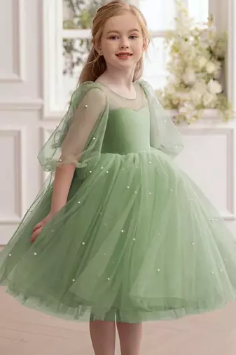 Green pearl embellished net fit & flare party dress for girls