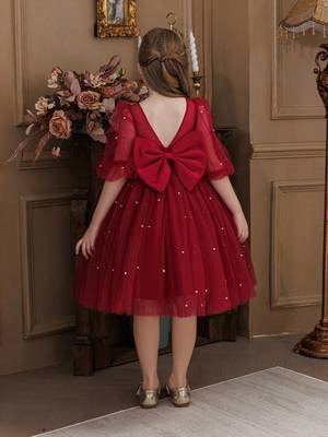 Red pearl embellished net fit & flare party dress for girls 4