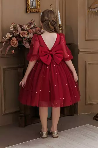 Red pearl embellished net fit & flare party dress for girls