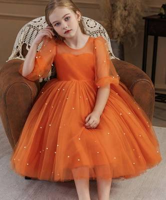 Orange pearl embellished net fit & flare party dress for girls 1