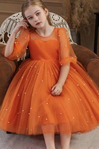 Orange pearl embellished net fit & flare party dress for girls