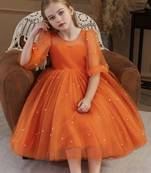 Orange pearl embellished net fit & flare party dress for girls