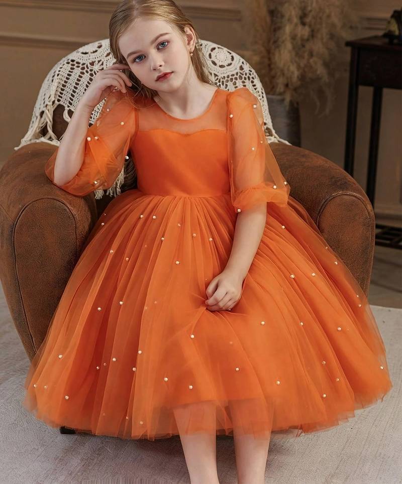 Orange pearl embellished net fit & flare party dress for girls
