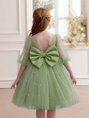 Green pearl embellished net fit & flare party dress for girls 3