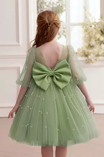 Green pearl embellished net fit & flare party dress for girls