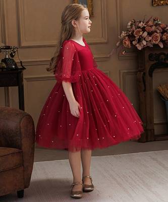 Red pearl embellished net fit & flare party dress for girls 5