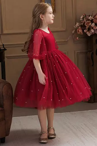 Red pearl embellished net fit & flare party dress for girls