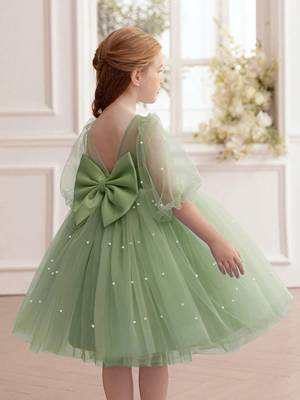 Green pearl embellished net fit & flare party dress for girls 4