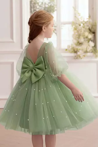 Green pearl embellished net fit & flare party dress for girls