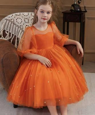 Orange pearl embellished net fit & flare party dress for girls 2
