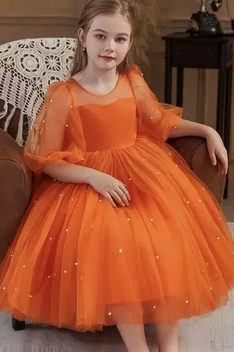 Orange pearl embellished net fit & flare party dress for girls