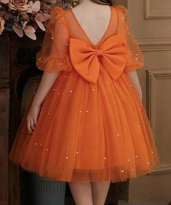 Orange pearl embellished net fit & flare party dress for girls 3