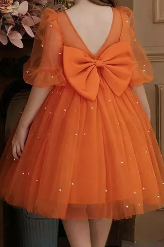 Orange pearl embellished net fit & flare party dress for girls