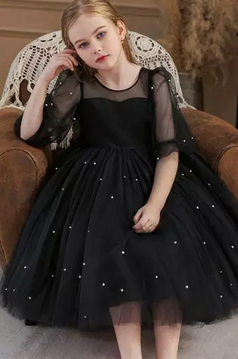 Black pearl embellished net fit & flare party dress for girls