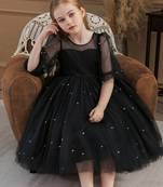 Black pearl embellished net fit & flare party dress for girls