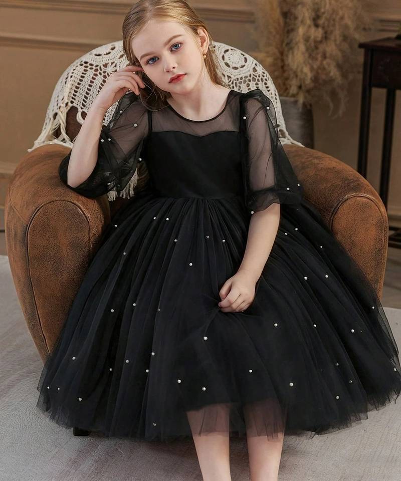Black pearl embellished net fit & flare party dress for girls
