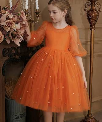 Orange pearl embellished net fit & flare party dress for girls 4