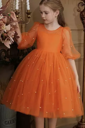 Orange pearl embellished net fit & flare party dress for girls
