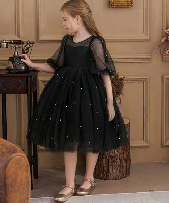 Black pearl embellished net fit & flare party dress for girls 2