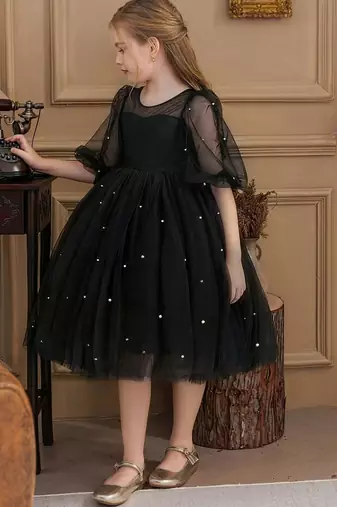 Black pearl embellished net fit & flare party dress for girls