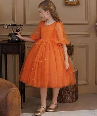 Orange pearl embellished net fit & flare party dress for girls 5