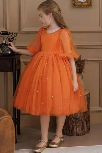 Orange pearl embellished net fit & flare party dress for girls