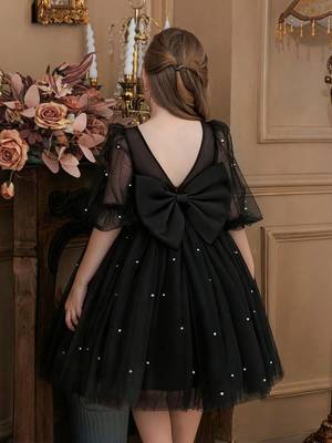 Black pearl embellished net fit & flare party dress for girls 3