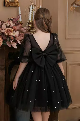 Black pearl embellished net fit & flare party dress for girls