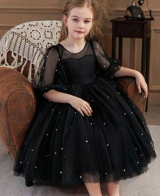 Black pearl embellished net fit & flare party dress for girls 4