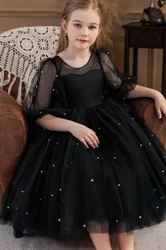 Black pearl embellished net fit & flare party dress for girls