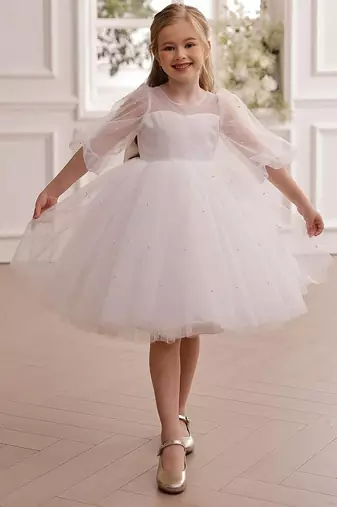 White pearl embellished net fit & flare party dress for girls
