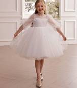 White pearl embellished net fit & flare party dress for girls