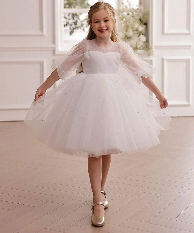 White pearl embellished net fit & flare party dress for girls