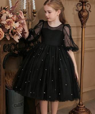 Black pearl embellished net fit & flare party dress for girls 5