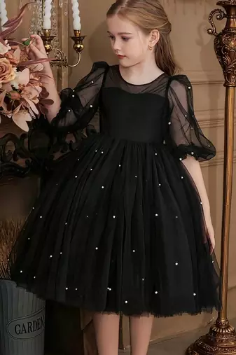 Black pearl embellished net fit & flare party dress for girls