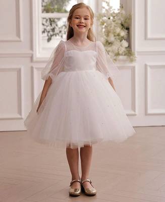 White pearl embellished net fit & flare party dress for girls 2