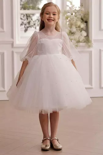 White pearl embellished net fit & flare party dress for girls