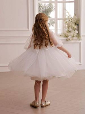 White pearl embellished net fit & flare party dress for girls 3
