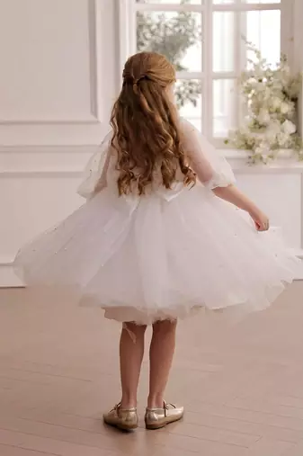 White pearl embellished net fit & flare party dress for girls