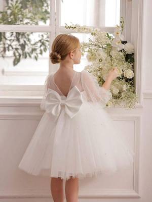 White pearl embellished net fit & flare party dress for girls 5