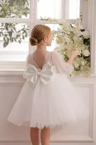 White pearl embellished net fit & flare party dress for girls