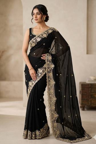 Soft Space Silk Embroidered Black Color Women's Saree With Blouse 