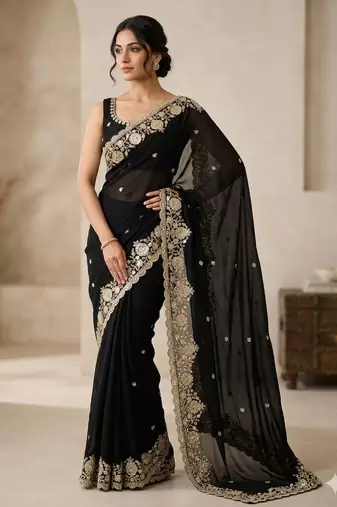Soft Space Silk Embroidered Black Color Women's Saree With Blouse 