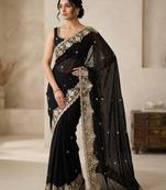 Soft Space Silk Embroidered Black Color Women's Saree With Blouse 