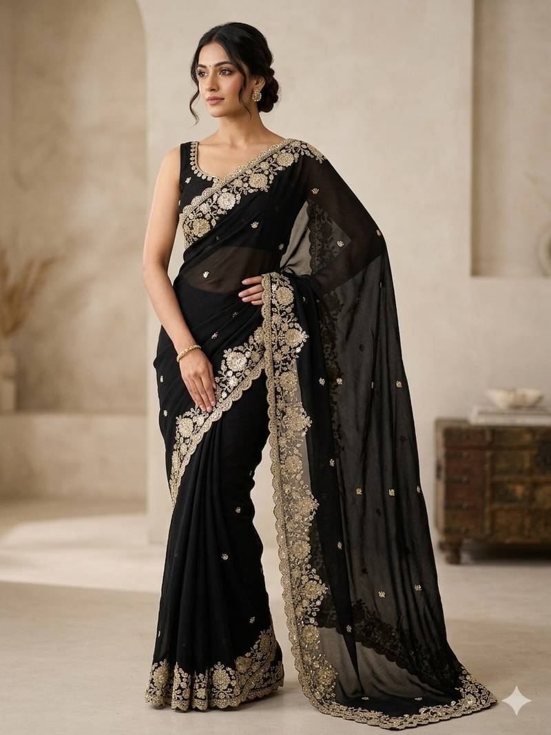 Soft Space Silk Embroidered Black Color Women's Saree With Blouse 
